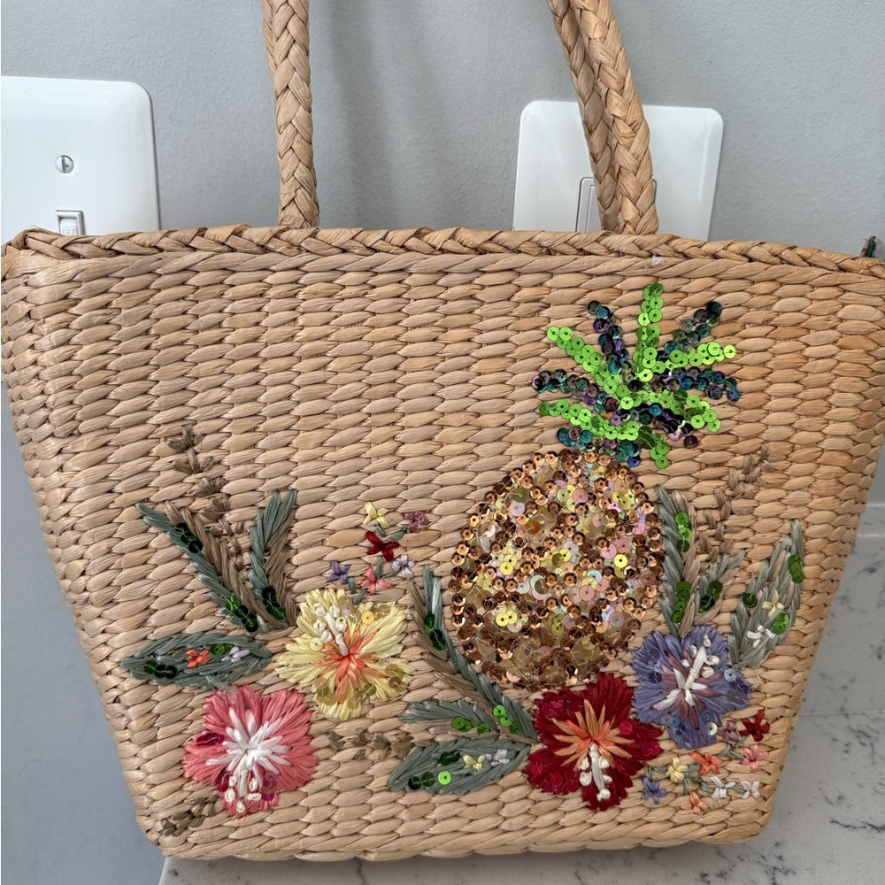Embroidered Straw Tote Bag